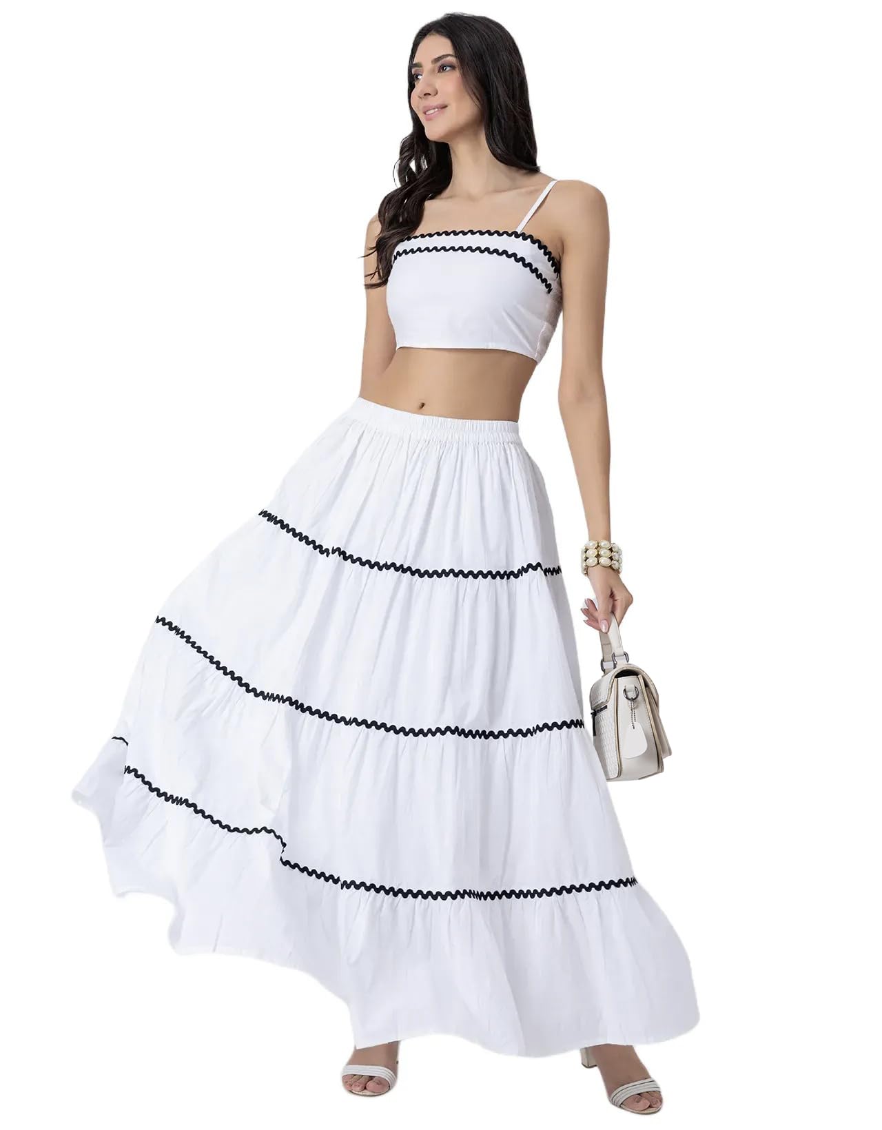 Solid 3-Tiered Maxi Skirt, Zigzag Lace Detail Long Skirt, Elastic Waist Flowy Summer Cotton Skirt-image-27