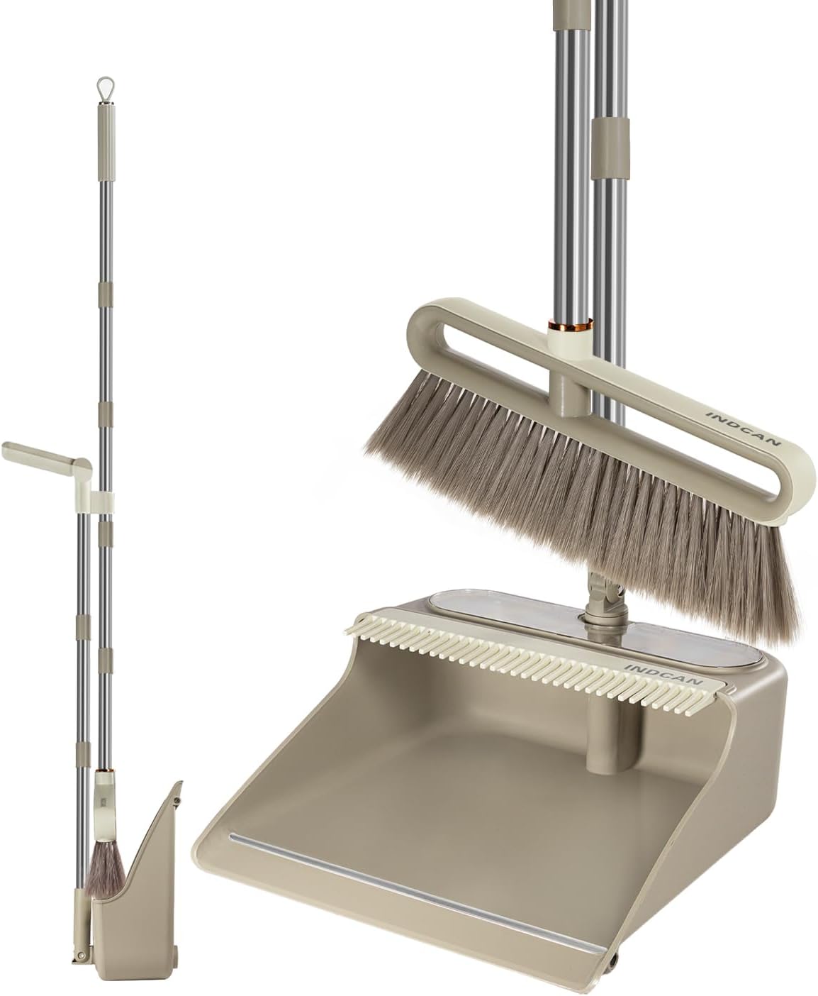 INDCAN Broom and Dustpan Set with 52" Adjustable Long Handle, Upright Standing Dustpan with Comb Teeth, Foldable Dustpan, Angled Broom Head for Corners, Indoor Floor Sweeping Set (Santra Lite)