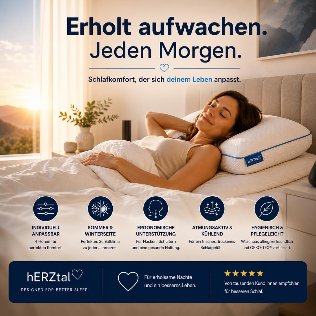 Ergonomisches Kopfkissen 40x60 cm Höhenverstellbar – Orthopädisches Nackenkissen mit Sommer- & Winterseite – Memory Foam Kissen für Seiten-, Rücken- & Bauchschläfer – Oeko-TEX