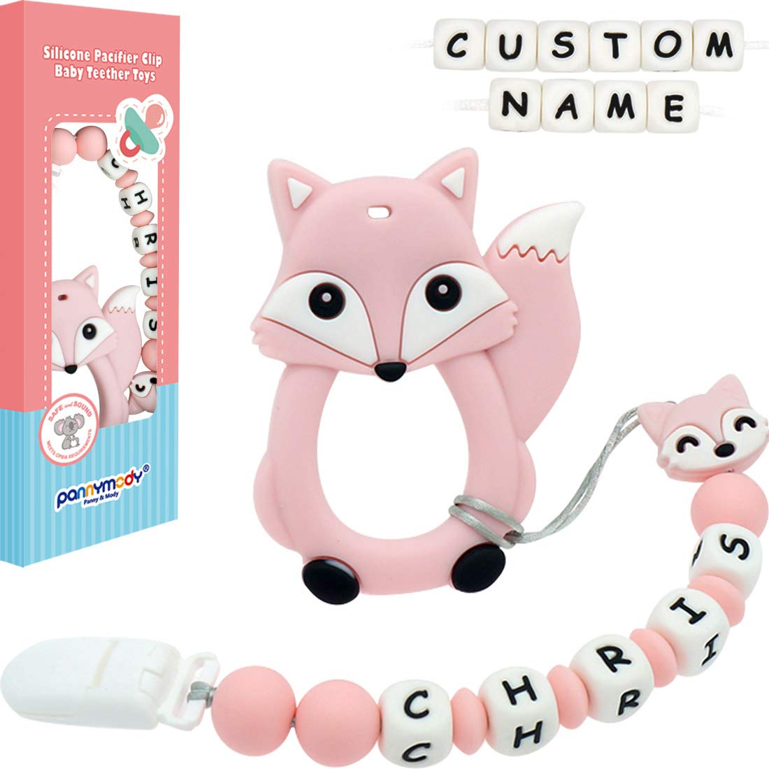 Pacifier Clip Personalized Name, Panny & Mody Custom Binky Clip with Cartoon Fox Baby Teething Toys for Baby Girls Boys(Pink)