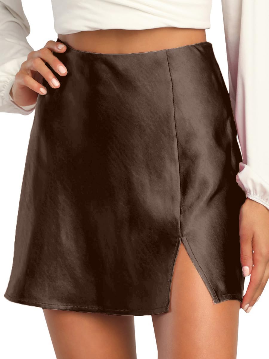 ALCEA ROSEA Womens Satin Silky Mini Skirt High Waist A-Line Short Skirts Solid Slit Front Skirts for Women