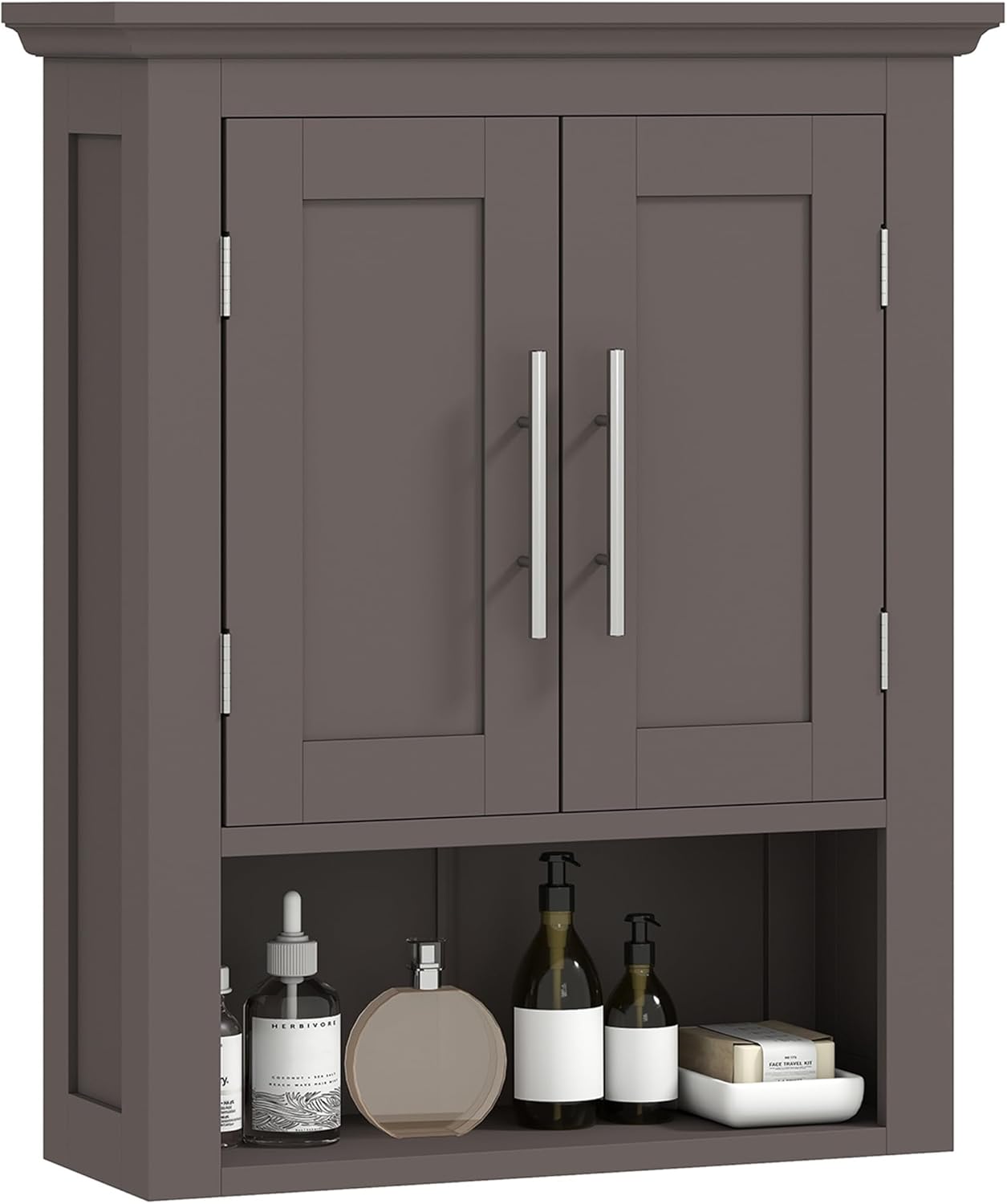 kleankin Bathroom Wall Cabinet, Medicine Cabinet with Open Compartment and Adjustable Shelf, Double Door Wall Mounted Storage with Crown Molding, 19.9" x 7" x 24.2", Brown