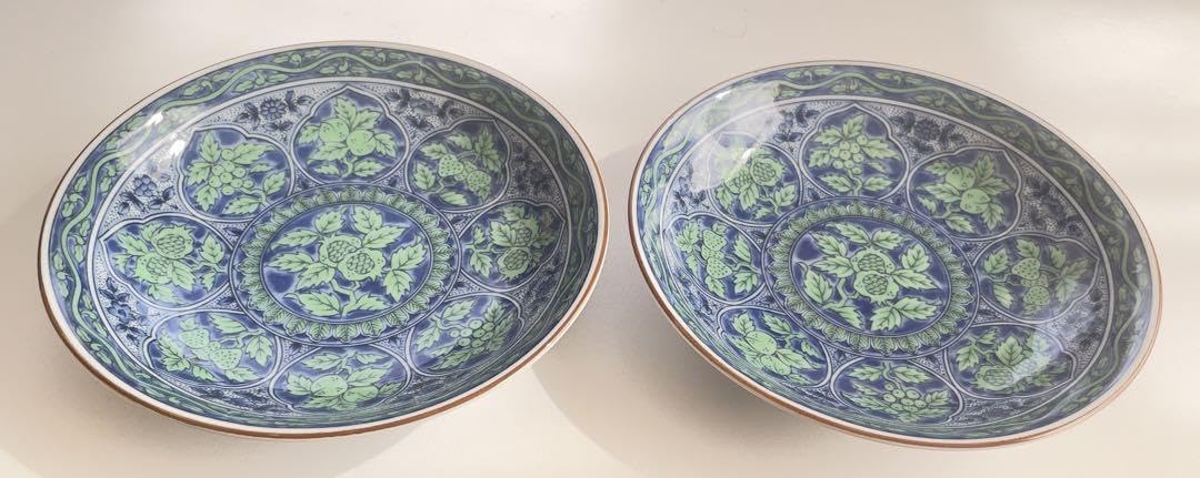 Amazon.co.jp: 保管品前畑陶器庫山窯青華緑彩中皿15.5cm×2枚ペア生産