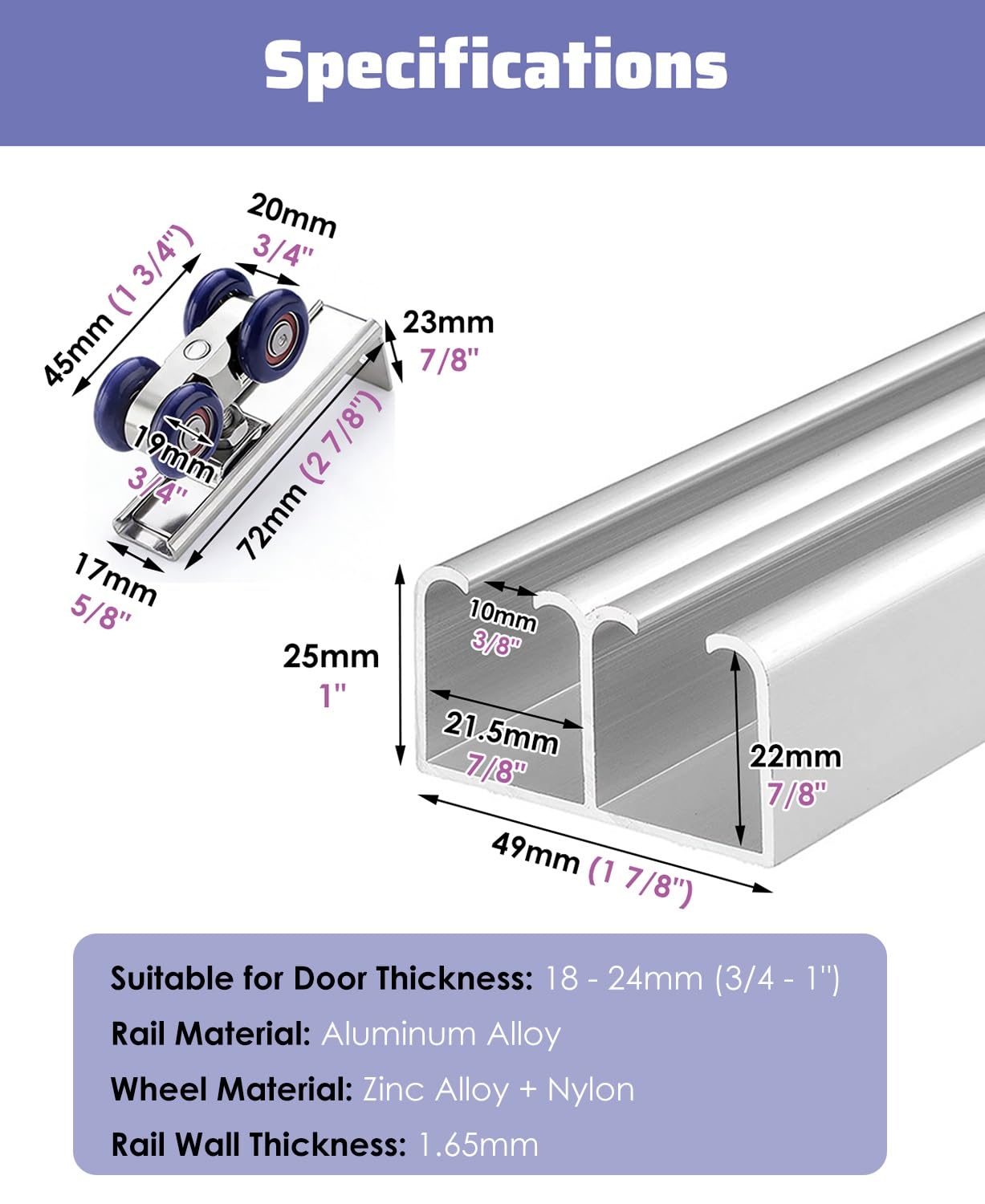 Rail Porte Coulissante Kit de Rail Coulissant pour Porte Placard à Double Contour Renforcé, Quincaillerie pour Fantôme Grange et Armoire pour Portes Coulissantes en Bois(Silver,4.1ft/125cm)