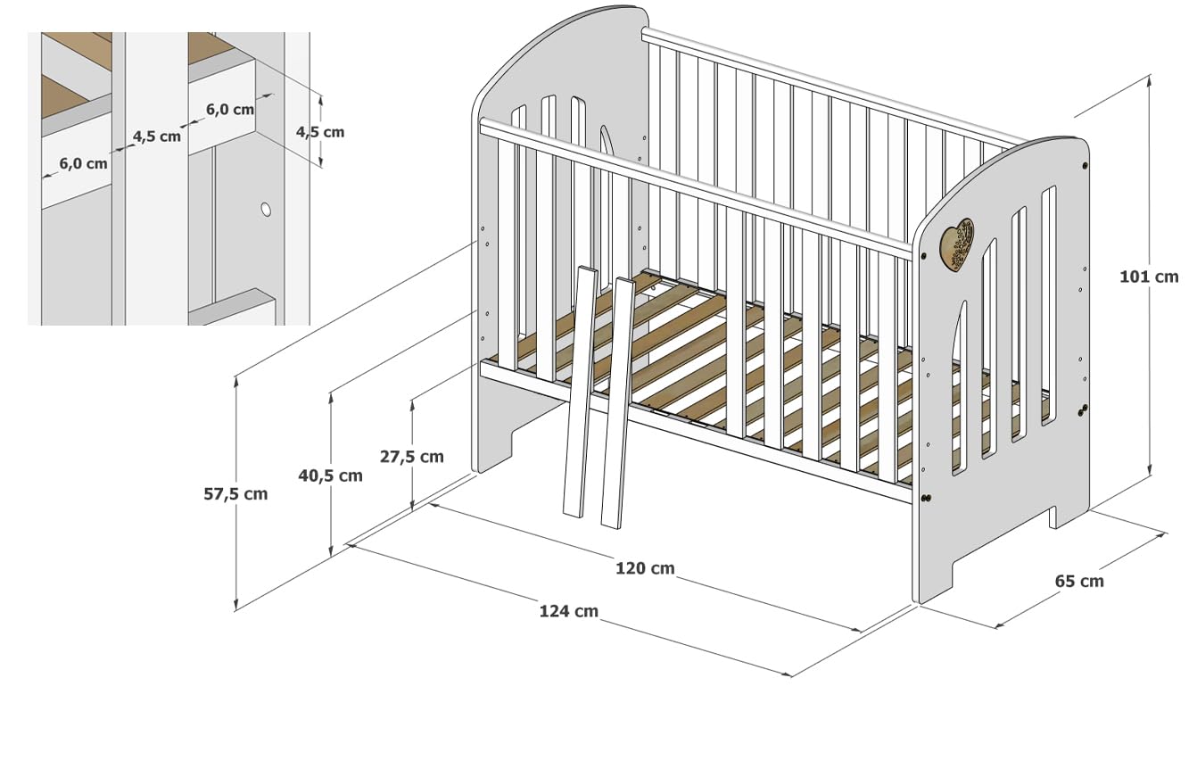 zee Heart Cuna Bebé 2 en 1 120x60 cm Blanca con Corazón Natural, Convertible en Cama Infantil, con Cajón, Lateral de Conversión, Somier Regulable en 3 Alturas, Diseño Moderno