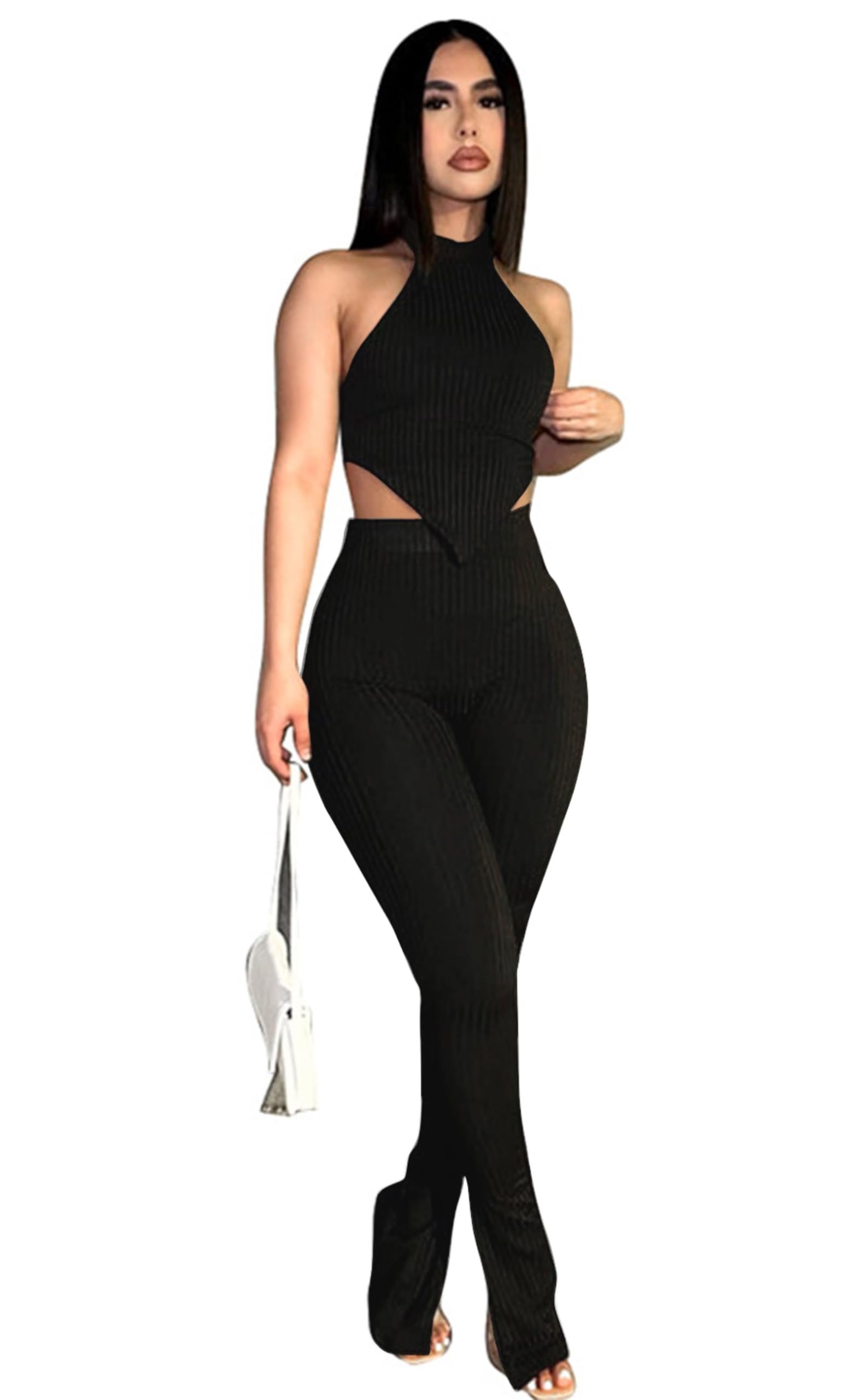 Ekaliy Two Piece Outfits for Women Sleeveless Crop Top Ribbed High Waist Long Pants Sets Party Jumpsuits Clubwear