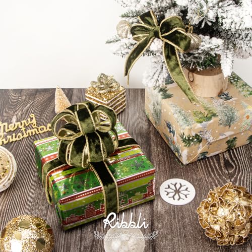 Image of Ribbli Olive Green Velvet Wired Ribbon 1 Inch Metallic Crushed Olive Gold Velvet Christmas Ribbon for Gift Wrapping Christmas Tree Decoration Crafts Wreaths Supplies-Continuous 10 Yards