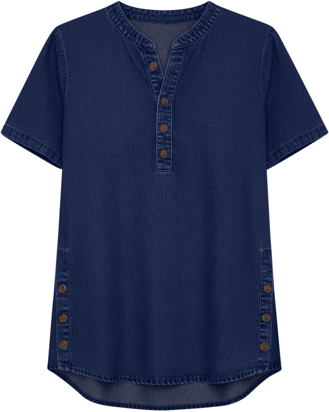 Women Denim Shirt Button Down Casual Short Sleeve V Neck Henley Blouse Summer Tops Slit Hem Loose Jean Clothing