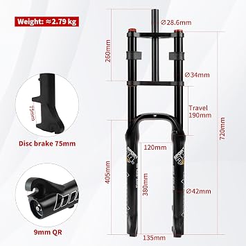 26 Inch Bike Suspension Forks 4.0 Fat Bike Straight Front Fork Downhill Mountain Bike MTB Fork 1-1/8 Disc Brake Air Fork 170mm Travel E-Bike Front Fork BMX 2850g (Color : Black)