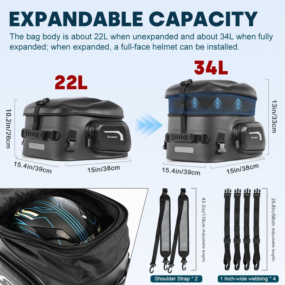WILD HEART Motorcycle Tail Bag Hard Shell with Expandable Capacity 24L-34L Waterproof Wear-Resistant Hold Helmet Rear Seat Bag - Image 4