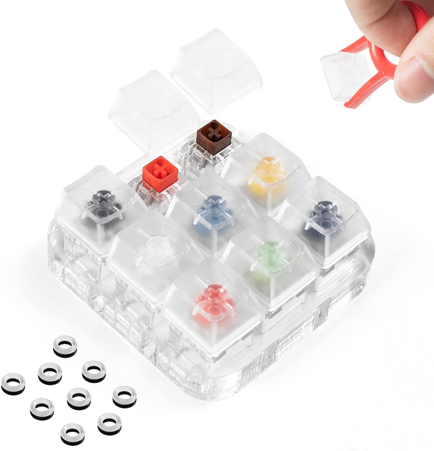 Kailh Box Switch Tester Mechanical Keyboards Retooled Sampler 9-Key Switch Testing Tool, with Keycap Puller and 18 O Rings, Navy Jade White Red Black Brown Yellow Blue Orange Switches