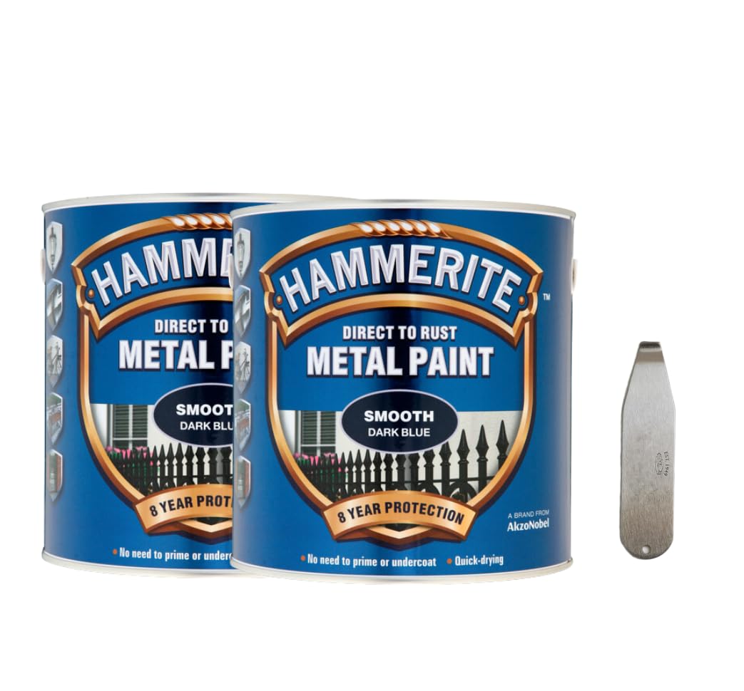 Hammerite Blue Twin Pack Of Smooth Dark Metal Paint 2.5 Litre With Psp Metal Tin Opener. Durable, Corrosion Resistant Decorative Coating For Metals, Certain Plastics And Wood