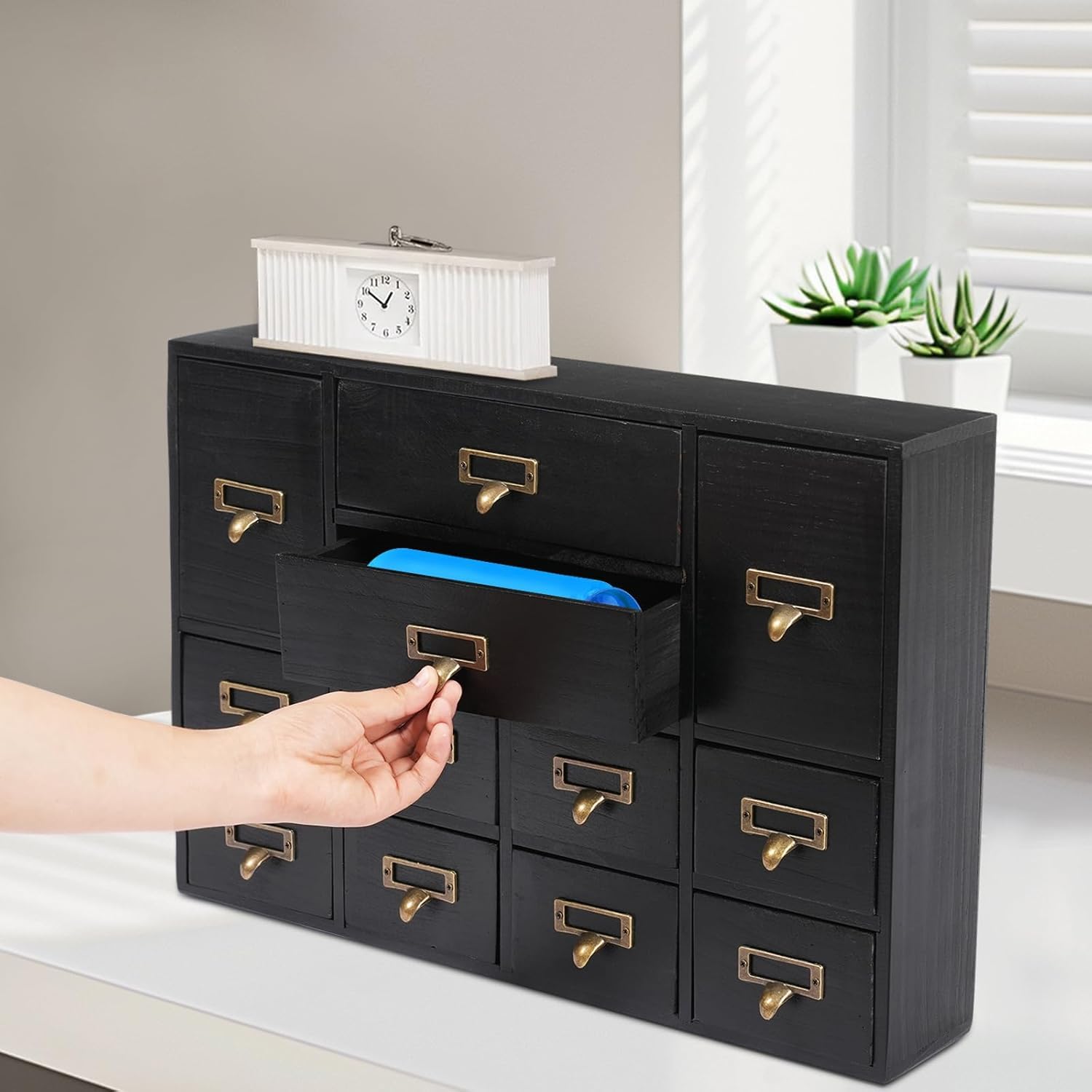 Mobile Contenitore in Legno A 12 Cassetti con Maniglie in Metallo - Perfetto per Organizzare Forniture da Farmacia, Materiali per Arti E Mestieri, Ufficio Domestico O Biblioteca. Black