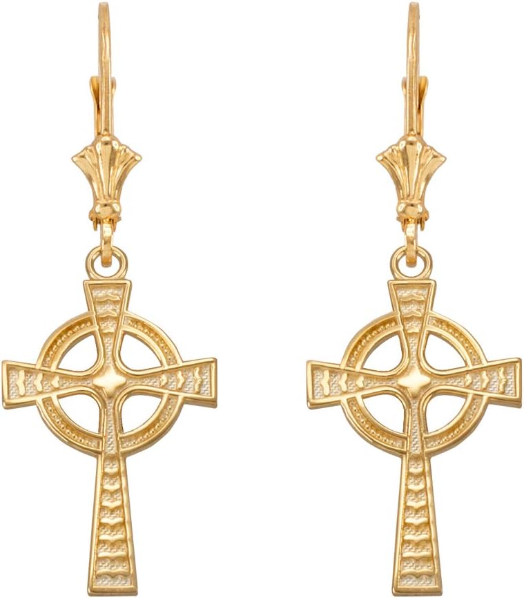 Claddagh Gold - Celtic Cross Lever back Dangle Earrings 14K Yellow Gold