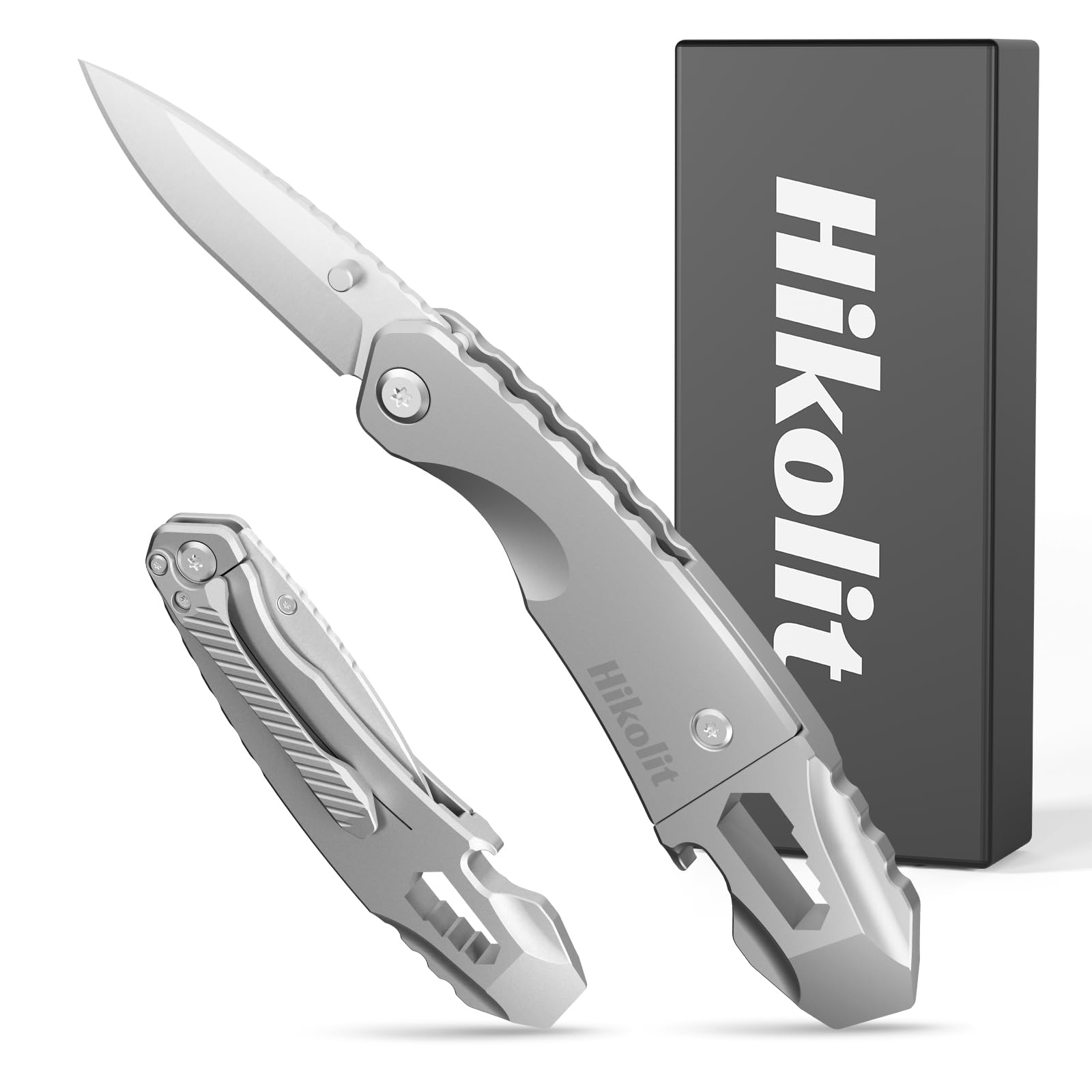 Hikolit EDC Pry Bar Multitool 4-in-1 with Pocket Knife, Bottle Opener, Hex Wrench, Versatile Crowbar, Pocket Multitool for Outdoor, Camping, Survival, Hiking, Gift for Dad, Husband, Boyfriend
