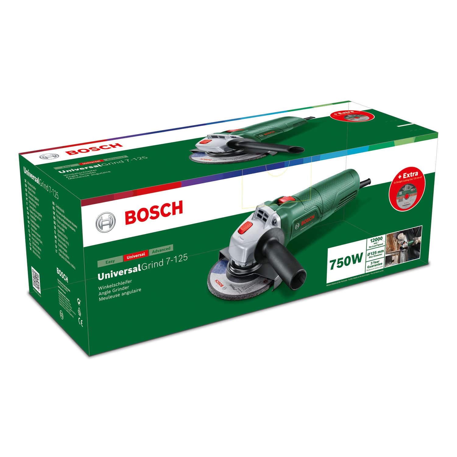 Bosch amoladora pequeña UniversalGrind 7-125 (750 W; con 2 discos de corte recto y 1 disco de amolado; para amolar, cortar, cepillar y lijar; en embalaje de cartón) – Edición para Amazon