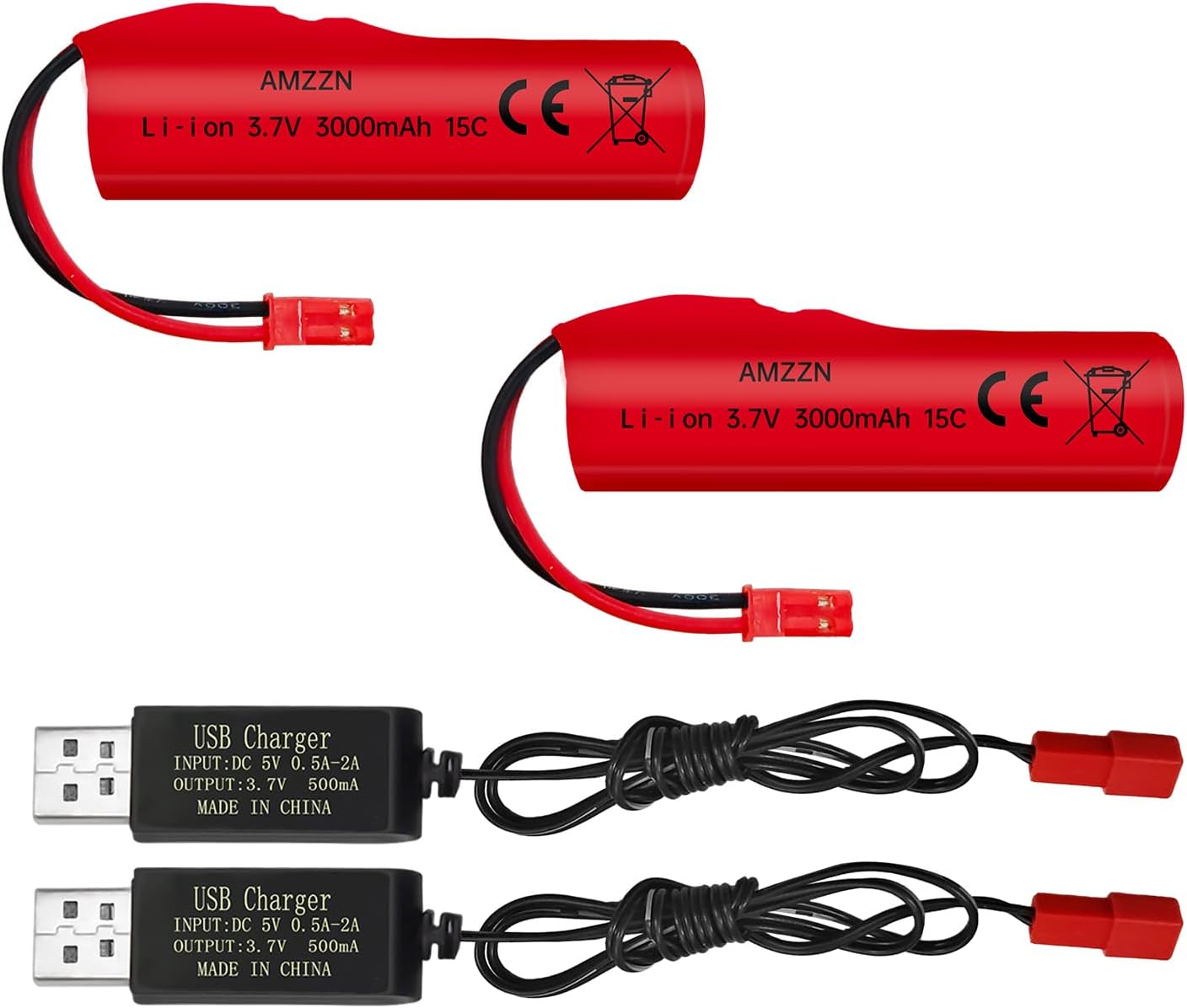2PCS 3.7V 3000mAh Li-ion Battery with JST-2P Plug and USB Charging Cable for HJ819 DE819 RC Boat,Huina 1337 1338 1516 1517 1552 1554 1558 RC Car,Drifting Car,Truck,Toy Off-Road Racing Car