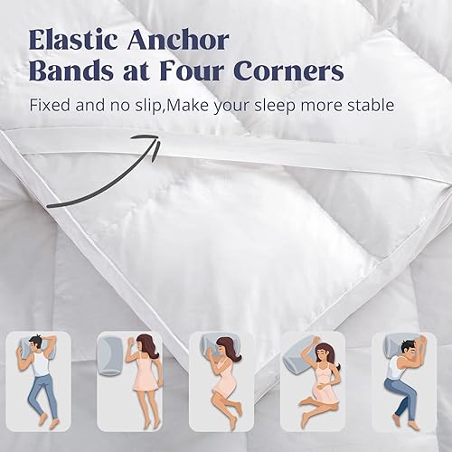 Miniatura 7 de puredown Cubrecolchón de 3 pulgadas, tamaño matrimonial, relleno alternativo de plumas de ganso y plumón de doble capa, con tela 100% algodón extra
