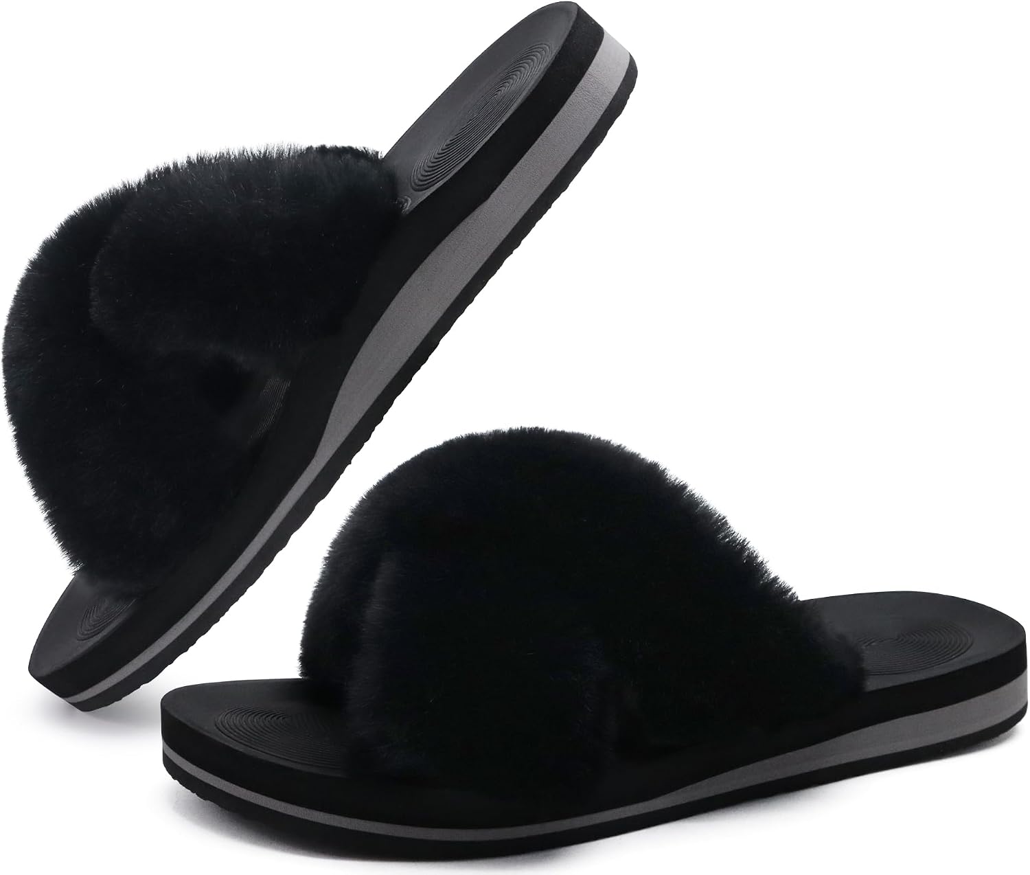 COFACE Womens Fuzzy Slides Fluff Faux Fur Cross Slippers Open Toe Yoga Mat House Slipper Sandals With Arch Support For Indoor/Outdoor