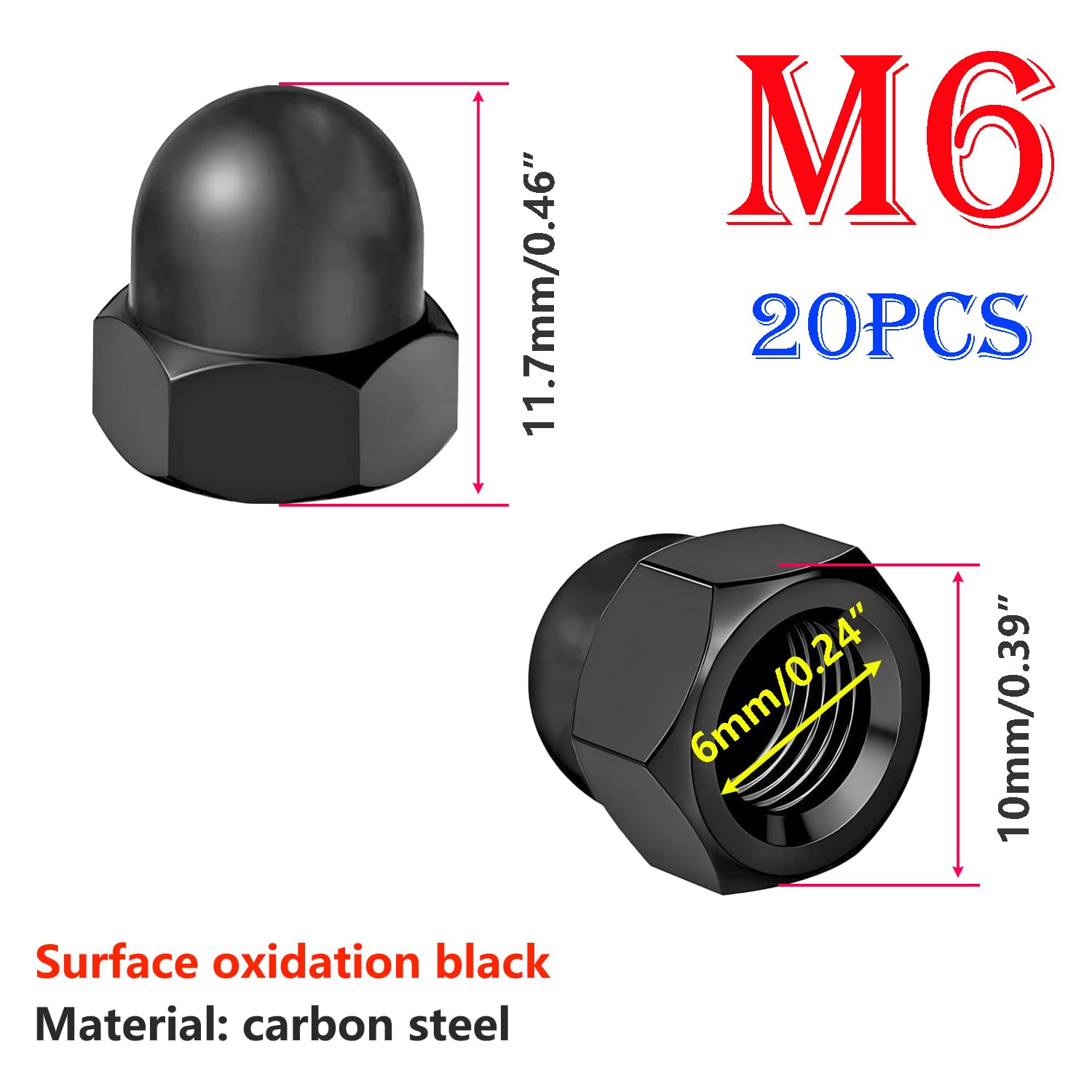 Qrity 20 Pcs Acorn Cap Nuts, M6 Black Carbon Steel Dome Nuts, Decorative Hex Cap for Protecting Screws and Bolts - Image 2