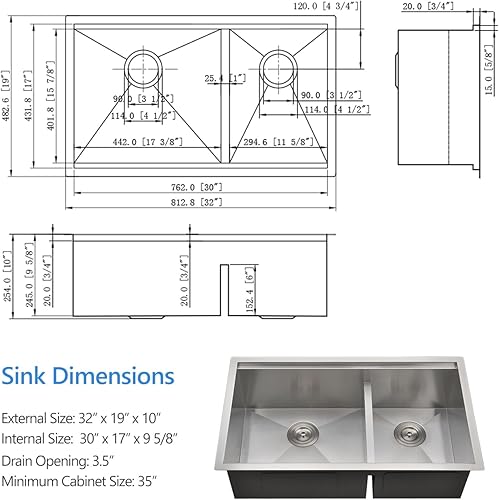 Miniatura 3 de Scamall Estación de trabajo para fregadero de cocina de montaje inferior de 32 x 19 x 10, cuenco doble profundo de acero inoxidable 304 plateado