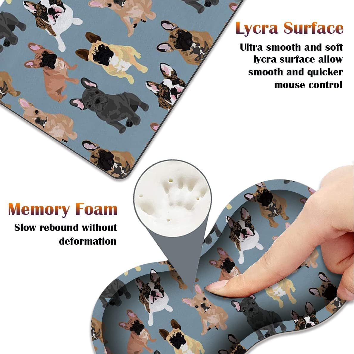 Keyboard Wrist Rest Pad + Square Mouse Pad + Wrist Rest Support Pad + Coaster, Ergonomic Memory Wrist Rest Support 4-Piece Combo Set for Gaming and Office, French Bulldogs