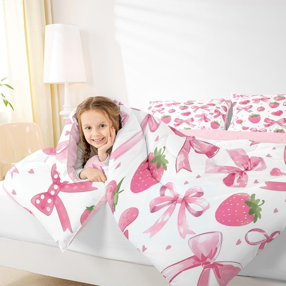 jejeloiu Watercolor Bow Bedding Set Toddler Size Strawberry Duvet Set for Boys Girls Teens Dreamy Princess Style Comforter Breathable Soft Lightweight Microfiber Room Decor Duvet Quilt