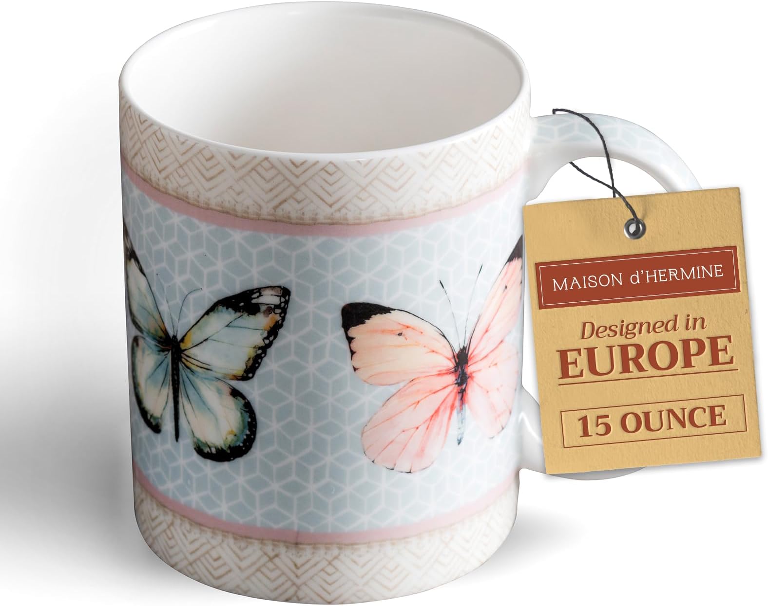 Maison d' Hermine Coffee Mug with Handles Fine Bone China Mugs Pack of One Tea Cups for Hot Beverages Cappuccino Latte Home Office Perfect for Gift (Blossoms In Spring - Butterfly, 15 Ounce)