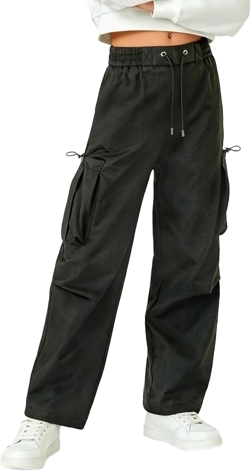 Curipeer Kids Girls Cargo Solid Pants Elastic Girls Stretch Multiple Pockets Long Pants 6-14T