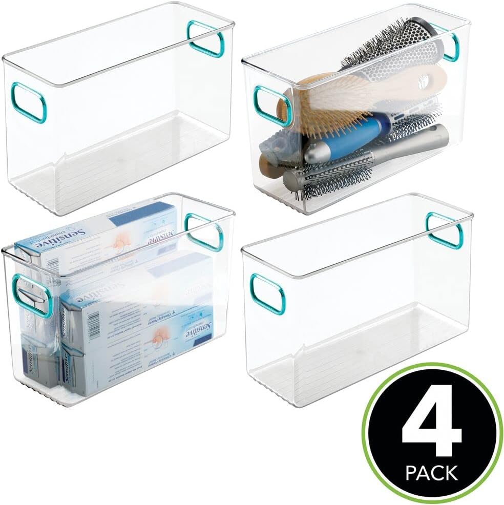 mDesign Deep Plastic Storage Bin with Handles for Organizing Bar Soaps, Body Wash, Shampoos, Lotion, Conditioners, Hand Towels, Hair Accessories, Body Spray, Mouthwash - 10" Long, 4 Pack - Clear/Blue