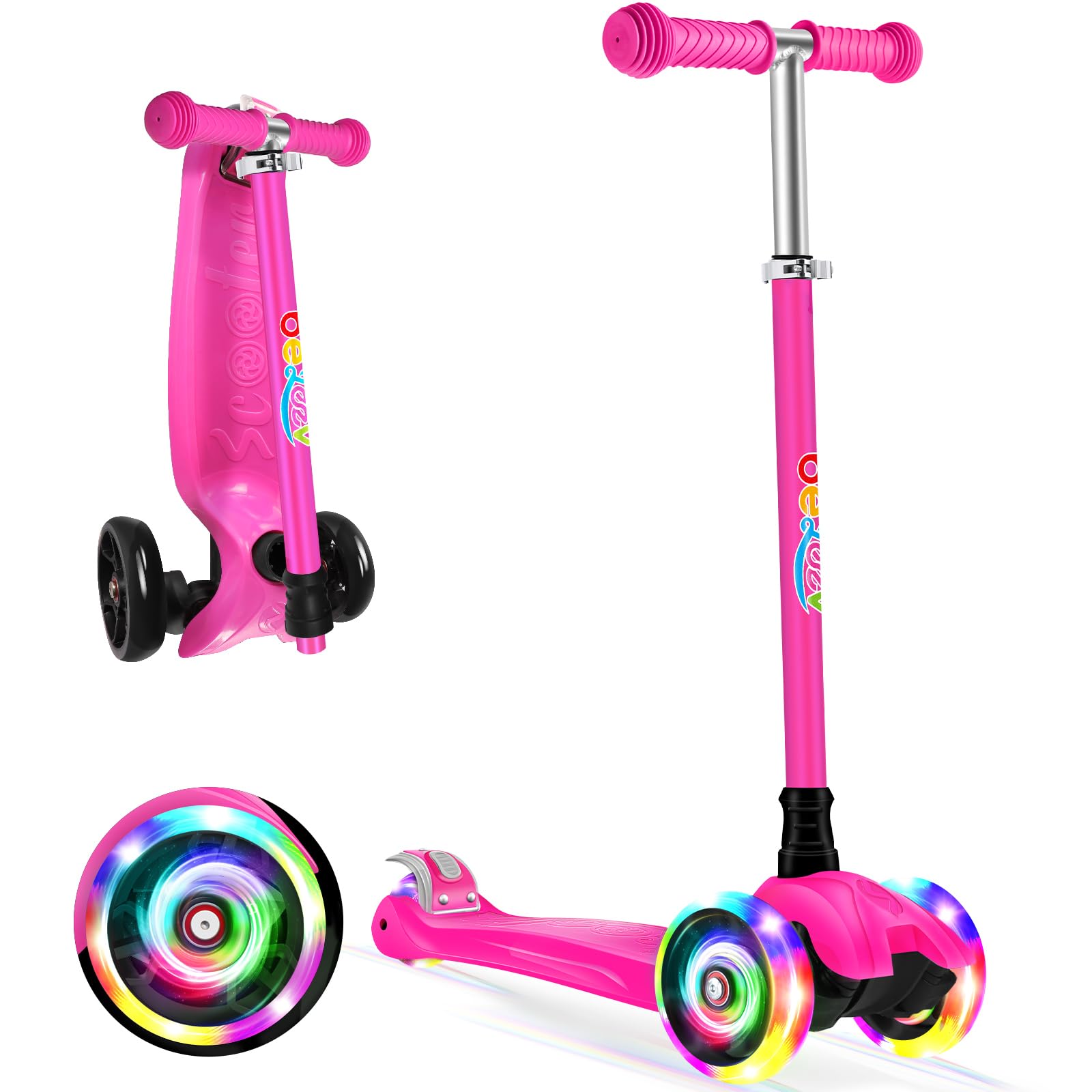 BELEEV Scooter for Kids Age 3-12, 3 Wheel Scooter for Toddlers Girls Boys, Kick Scooter with Light up Wheels, 4 Adjustable Height, Lean to Steer, Extra-Wide Deck, Sports Scooter for Children (Pink)