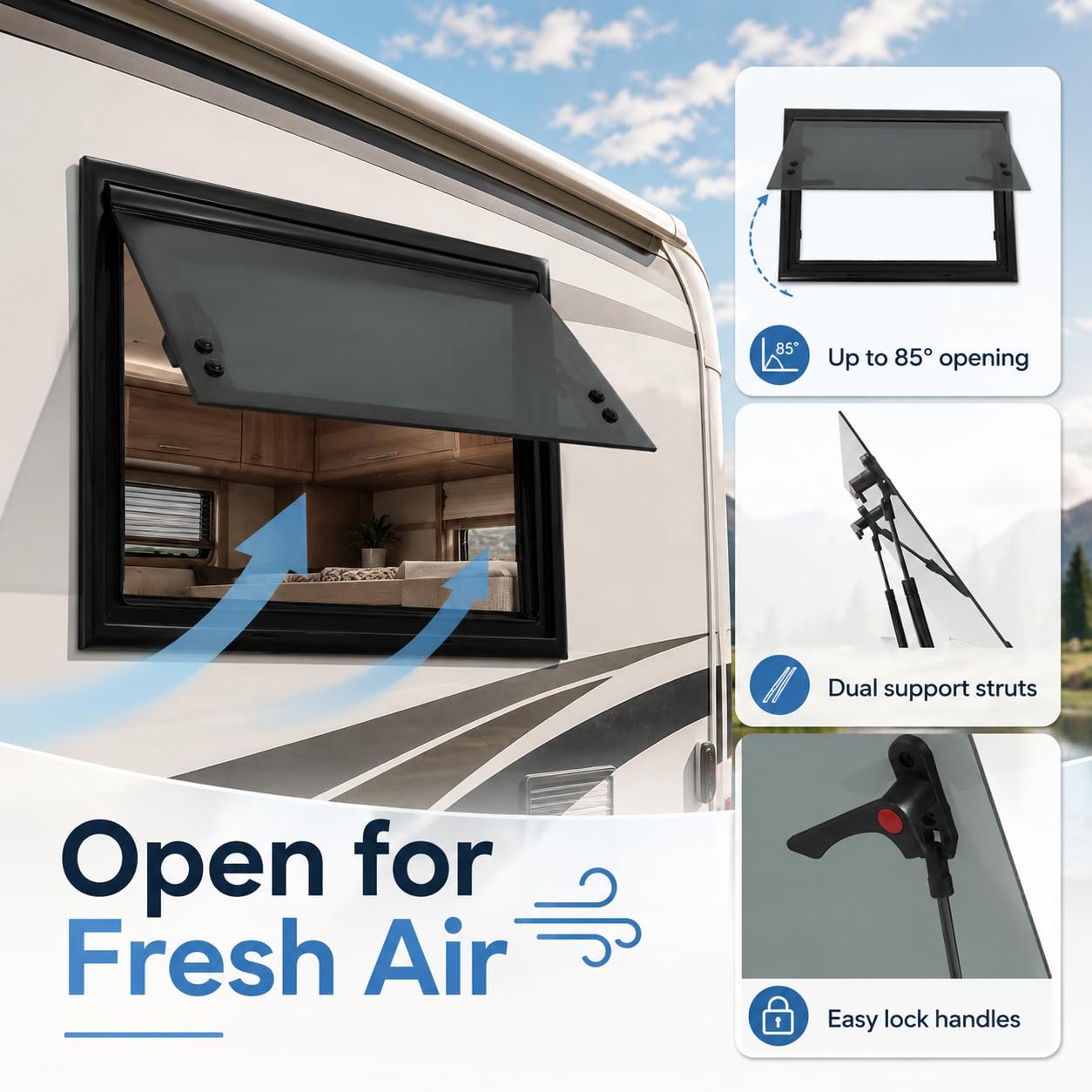Wohnmobilfenster Ausstellfenster 50x35 cm, Wohnwagen Fenster mit Fliegengitter und Sonnenschutz, 85° Camper Fenster Seitenfenster aus gehärtetem Glas, Caravan Ersatzfenster für Wohnmobil Van Kastenwag