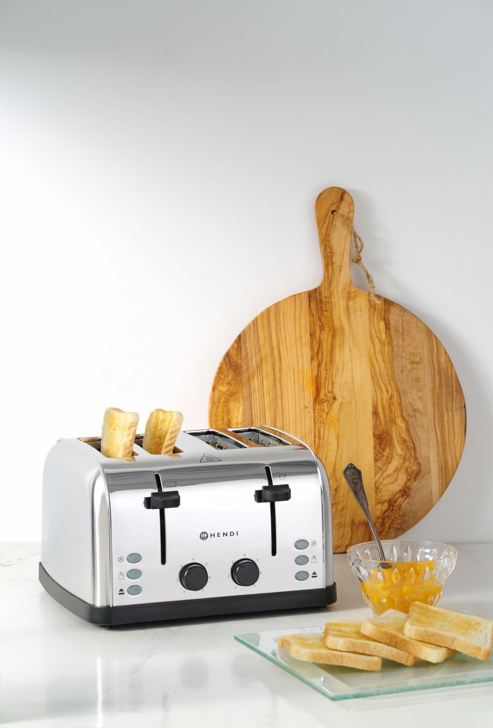 HENDI Tostapane, 4 scanalature extra larghe, 2 zone di riscaldamento, 7 livelli di doratura, 3 funzioni: toast, scongelamento e riscaldamento, 240V, 1500W, 295x335x(H)180mm, acciaio inox