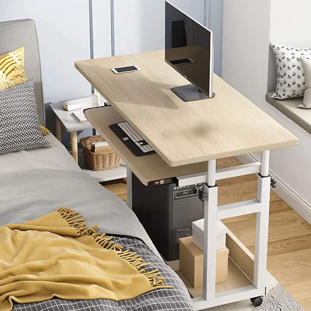Tavolino per Laptop Regolabile in Altezza con Ruote, in Rovere Bianco, con Vassoio per Tastiera, Ideale per casa, Ufficio e Camera da Letto - 60x45 cm (24x18 Pollici)