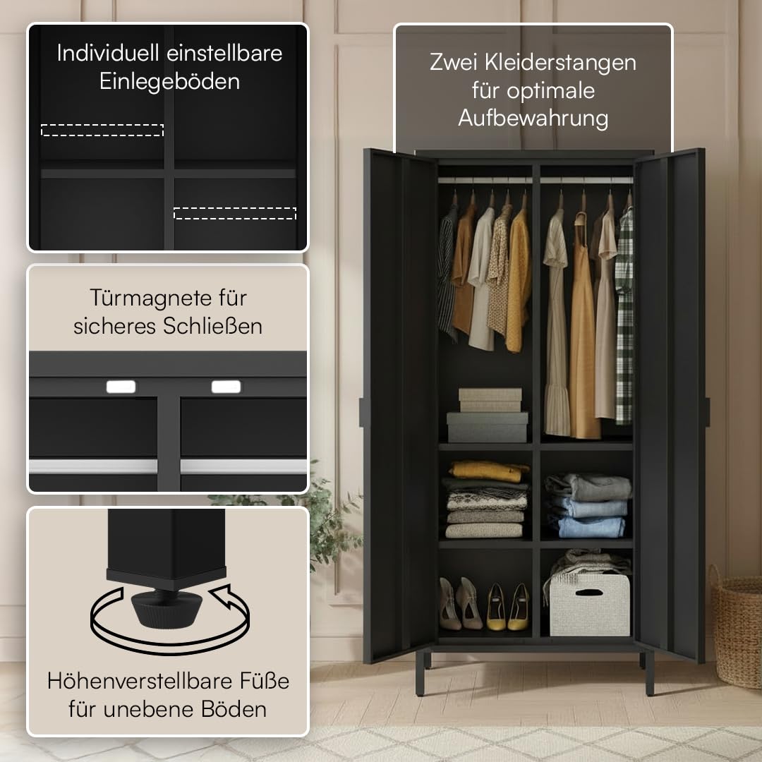 skølm Ituri Metallschrank Schwarz – Kleiderschrank mit 6 Fächern & 2 Kleiderstangen – Garderobenschrank Flur 80 cm breit – Schlafzimmerschrank Industrial Style – Stahlschrank für Wohnzimmer & Büro