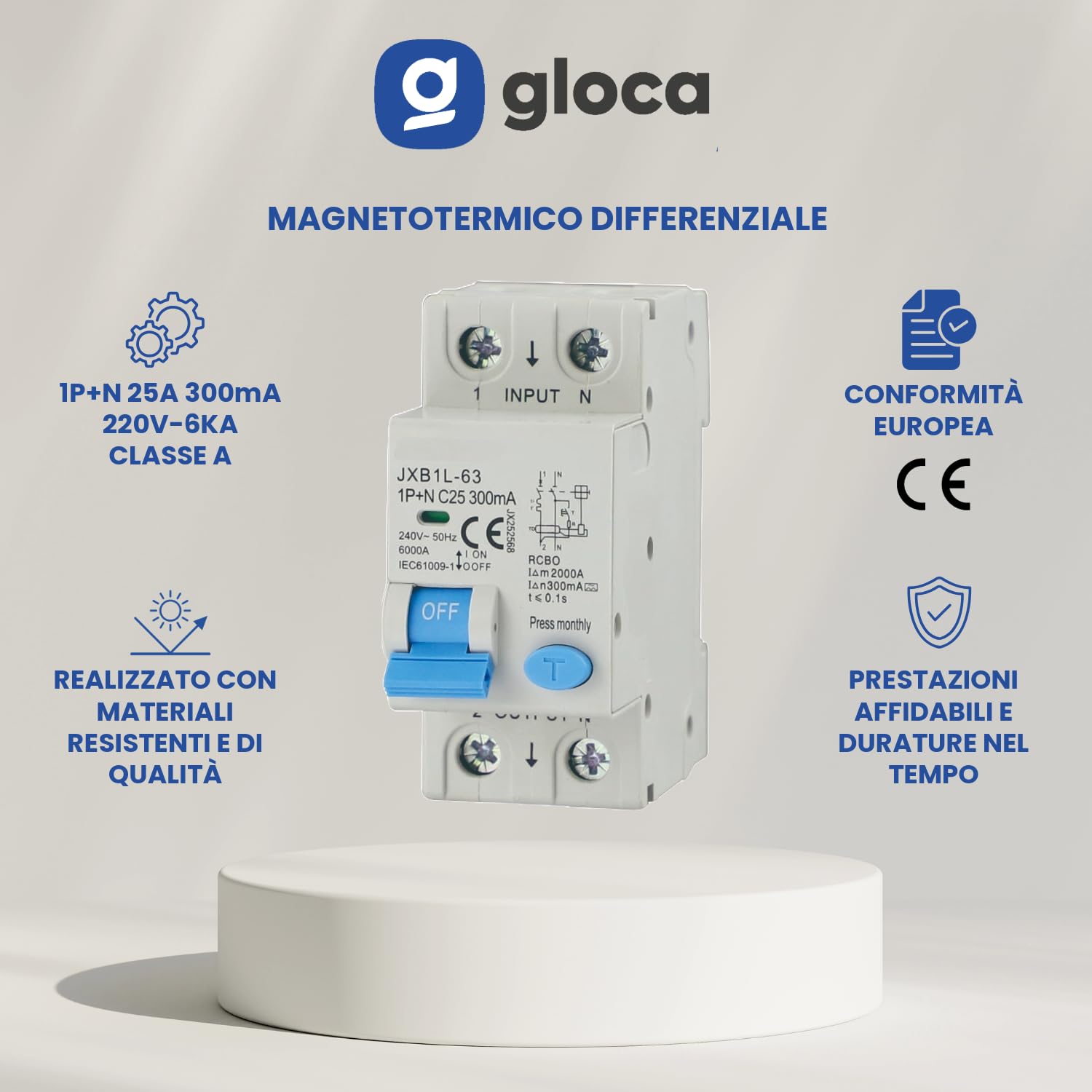 gloca Interruptor magnetotérmico diferencial 1P + N 300 mA 220 V 6 KA 2 módulos DIN Clase A (25 amperios)
