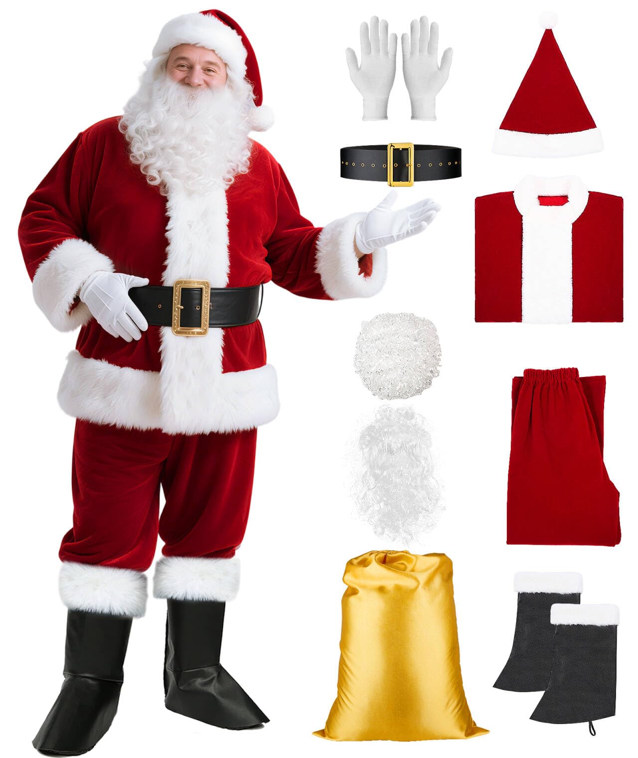 Santa Claus Costume for Men with Beards Complete Deluxe Santa Suit Premium Velvet Classic Santa Costume Adults