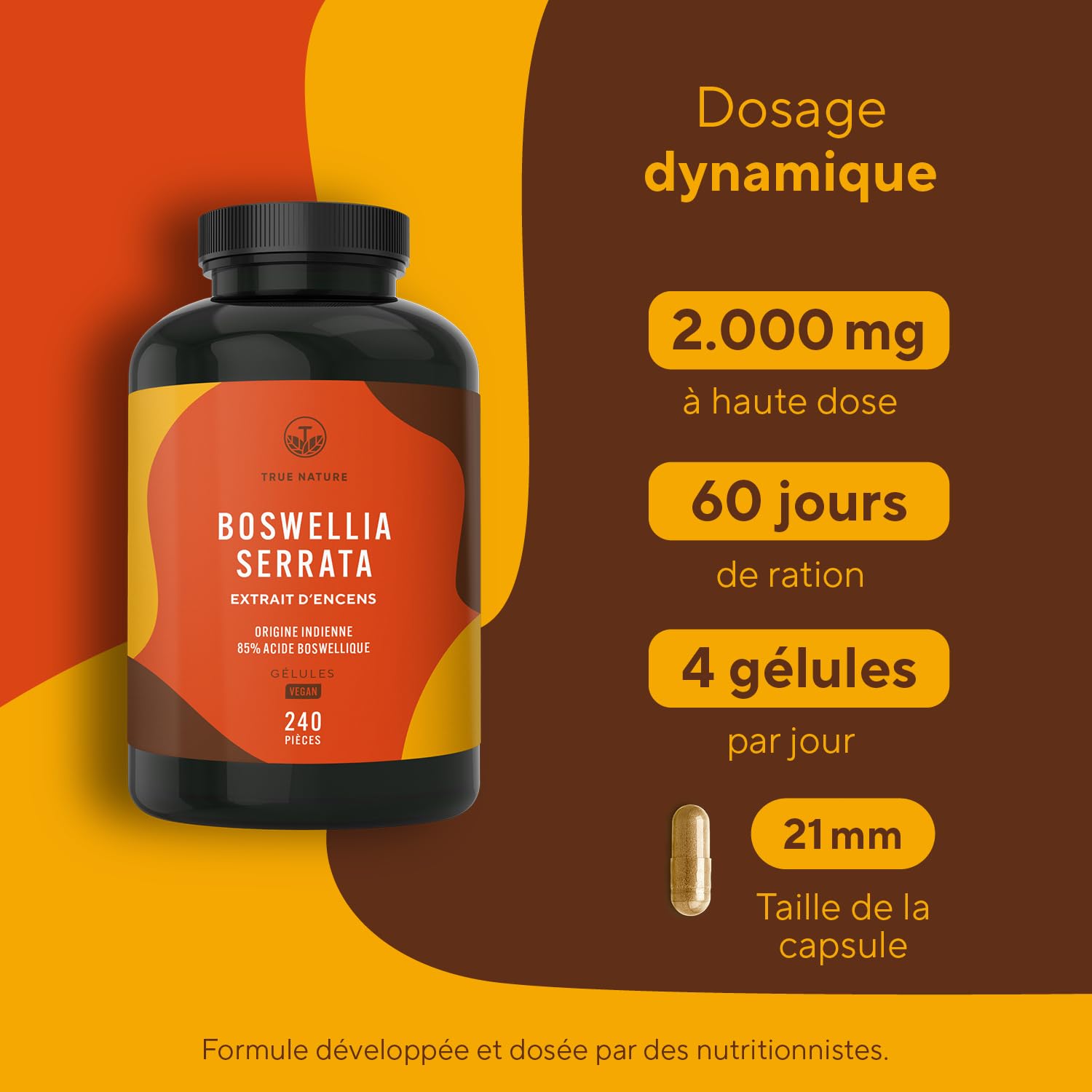 Boswellia Serrata | 2.000mg - 240 Gélules - 85% d'Acide Boswellique - Bien-être, Articulation - Encens Indien - Ayurveda, Vegan - Sans: Additifs, Lactose & Gluten - TRUE NATURE