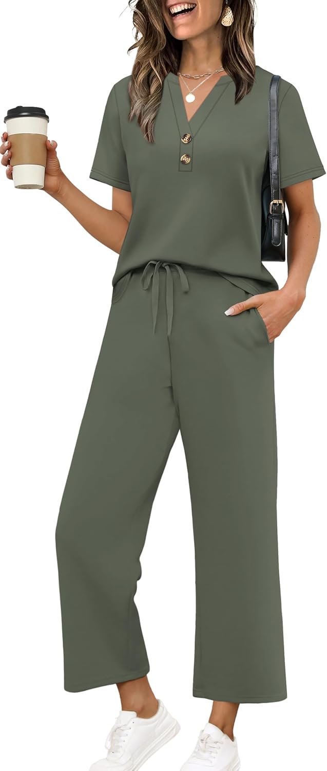 OFEEFAN 2 Piece Sets for Women Spring Fashion Beach Vacation Cruise Outfit Dressy Casual Wide Leg Crop Pants Resort Wear