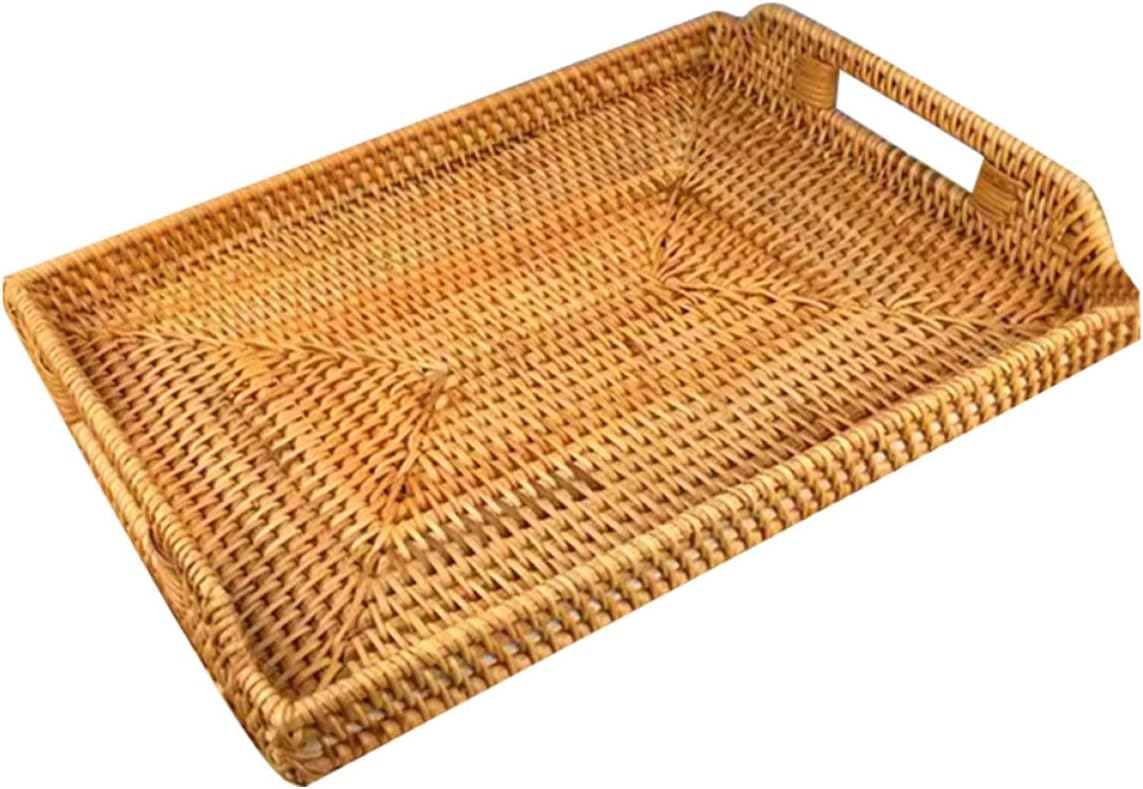 Woven Rattan Fruit and Bread Basket with Handles Small Rectangular 34x24x4cm Storage Tray for Kitchen and Dining Table Serving