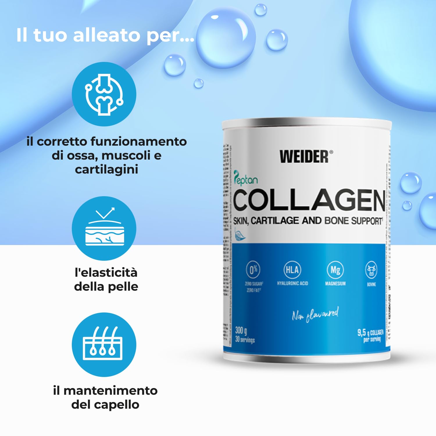 Weider Collagen (300g). Collagene Bovino in Polvere con Acido Ialuronico, Magnesio e Vitamina C. Peptidi di Collagene 100% Qualità Peptan. Senza Zucchero, Senza Grassi. Keto