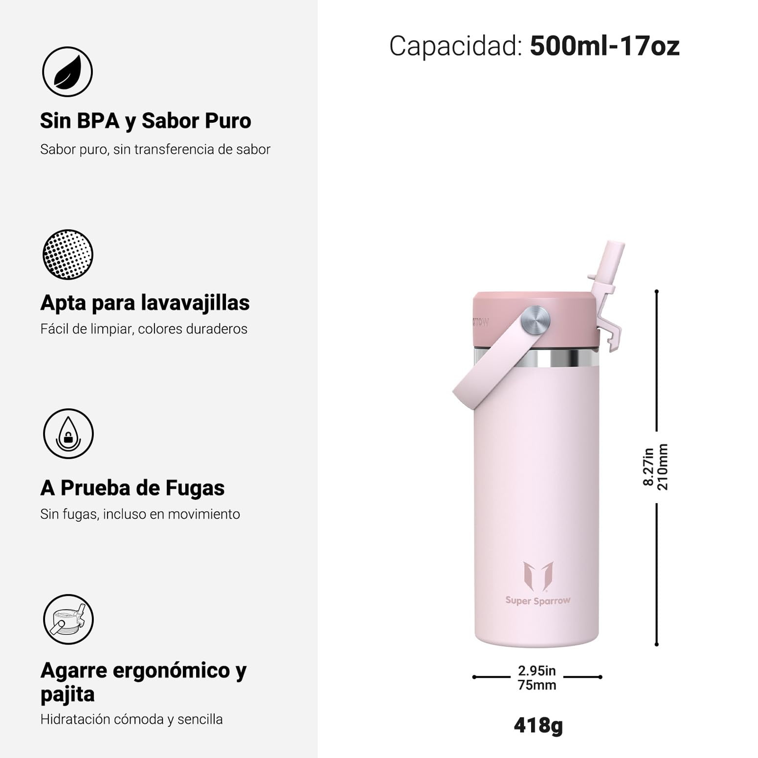 Sparrow SwivelSip Botella Termica Niños - Botella Agua Acero Inoxidable Boca Ancha con Pajita - 500ml - Sin BPA y Antifugas - para Deporte, Gimnasio, Oficina, Yoga, Ciclismo — view 3