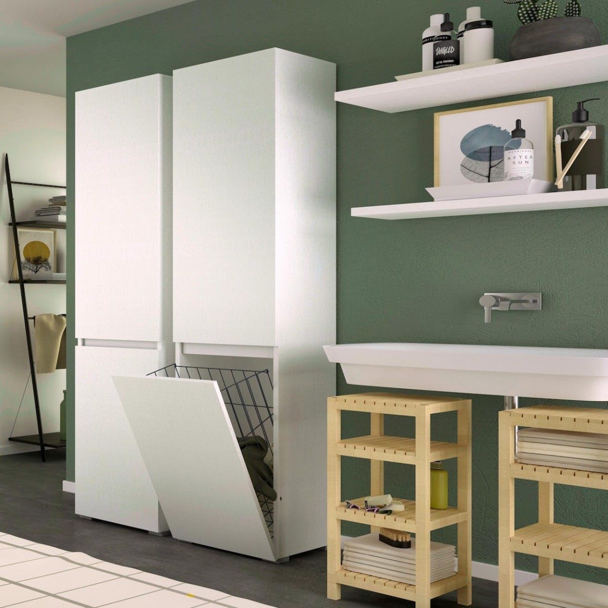 Trentiner Mobile multiuso bianco con ripiani interni e cestello portabiancheria 195x45x37 cm