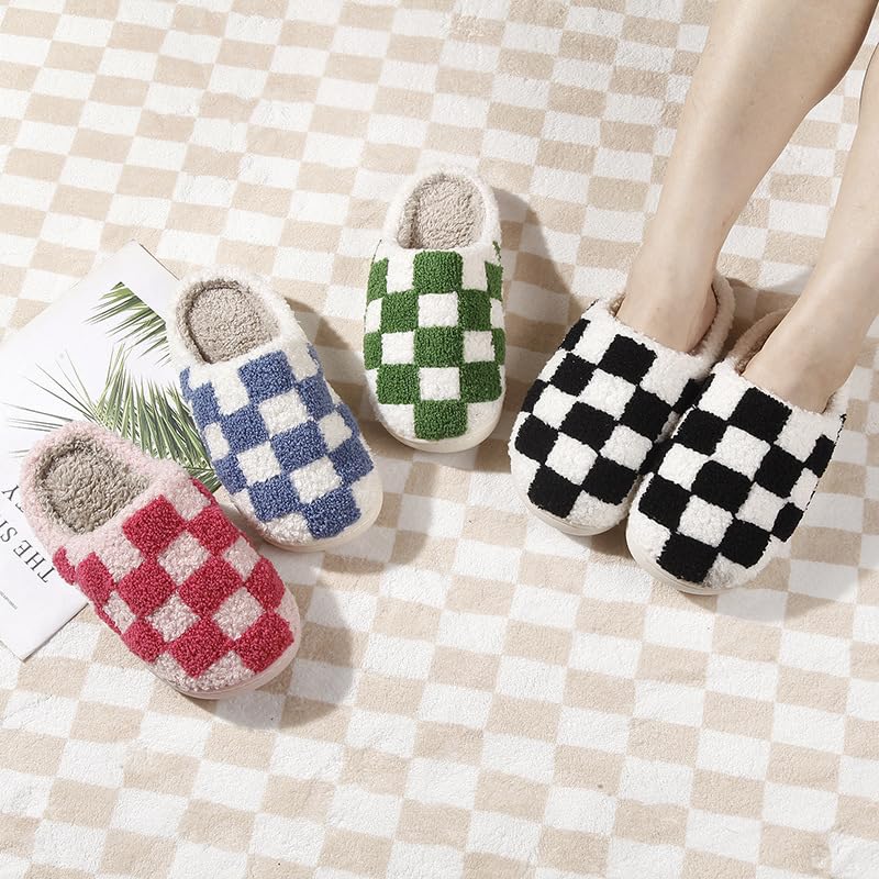 Generic Checkered Slippers for Women Men House Slippers Funny Fluffy Slippers Winter Shoes Outdoor Indoor Warm Plush Bedroom Slippers Blue 37-382