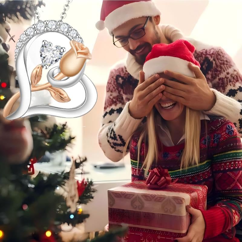 Rose Flower Heart Birthstone Necklaces for Women, 925 Sterling Silver Anniversary Jewelry, Pendant Heart Necklaces Birthday Anniversary Christmas Gift for Women Wife Mom Girlfriend Lady3