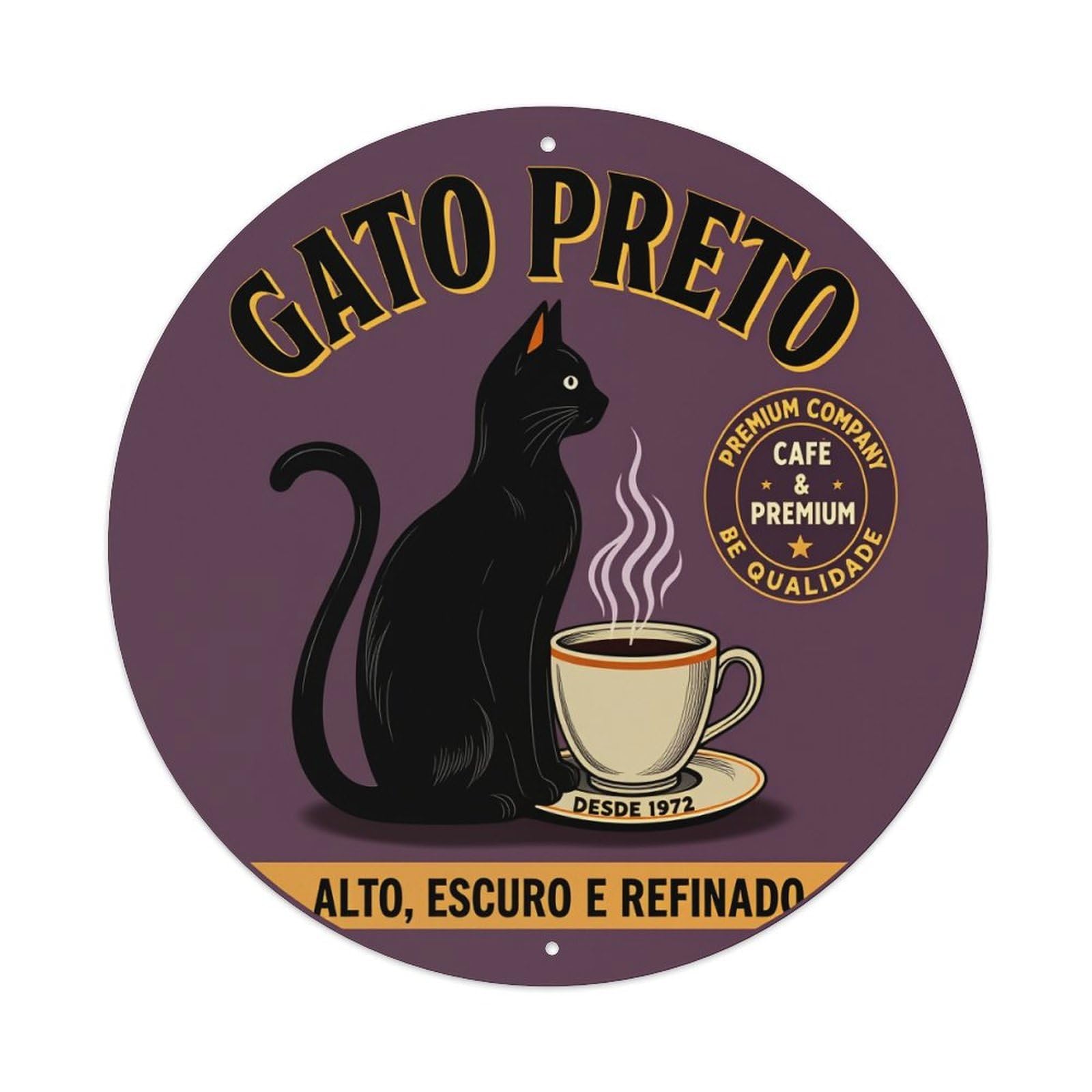 Black Cat Coffee Cup Steam Round Tin Sign Vintage Style Metal Sign Home Bar Garden Wall Plaque Decor Metal Poster 8x8 Inch
