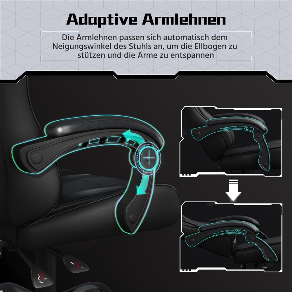 Yaheetech Gaming-Stuhl Ergonomischer Gaming Sessel mit Massagefunktion Computerstuhl Bürostuhl mit Wippfunktion von 125° verstellbar Gamer Stuhl für für Homeoffice und Gaming Schwarz – Bild 8