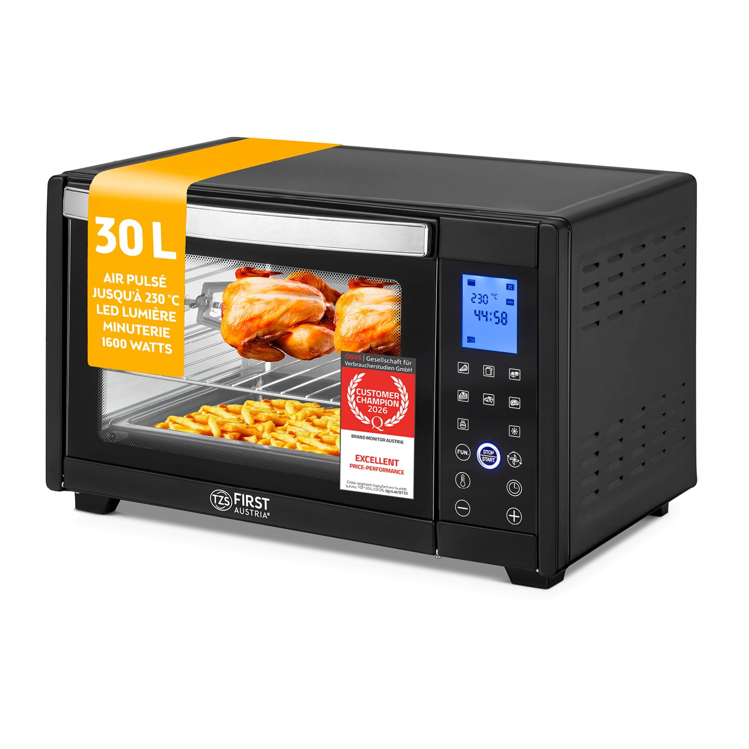 TZS First Austria - Mini-Four Numérique 30L 1600W Four avec réglage de la température jusqu'à 230°C, Avec minuteur de 60 min, 3 hauteurs d'insertion, plaque et grille, Pour petites cuisines et camping