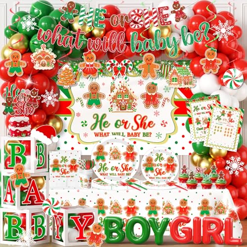 Christmas Gingerbread Gender Reveal Decorations Red Green Christmas Gender Reveal Paper Plates Napkin Tablecloth Balloons Boxes Tablecloth Backdrop Cake Topper for Xmas Baby Shower Party Decor