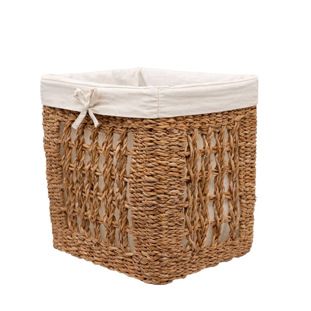 Arthur Cameron – Balu Seagrass Organiser Basket – Artisanal Woven Storage Basket with Removable Cotton Lining, Handcrafted Rectangular Storage for Shelves, Cupboards & Home Organisation (Large)
